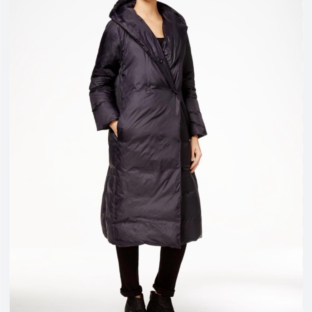 Eileen Fisher Dark Gray Hooded Puffer Coat